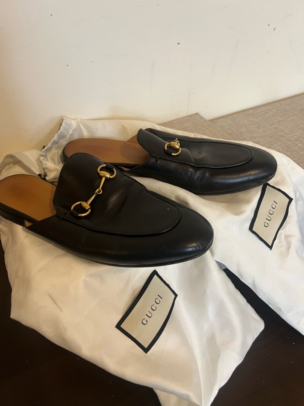 Gucci Black Leather Horsebit Backless Loafers